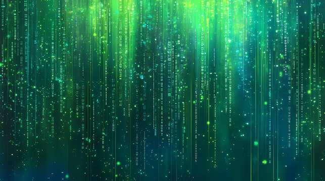 Abstract tech background featuring overlapping layers of transparent blue and green data grids with floating geometric shapes and binary code. cyber tech wallpaper. Floating Lights. Illustration