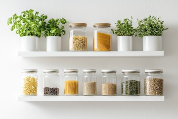 Minimalist white kitchen with organized floating shelves