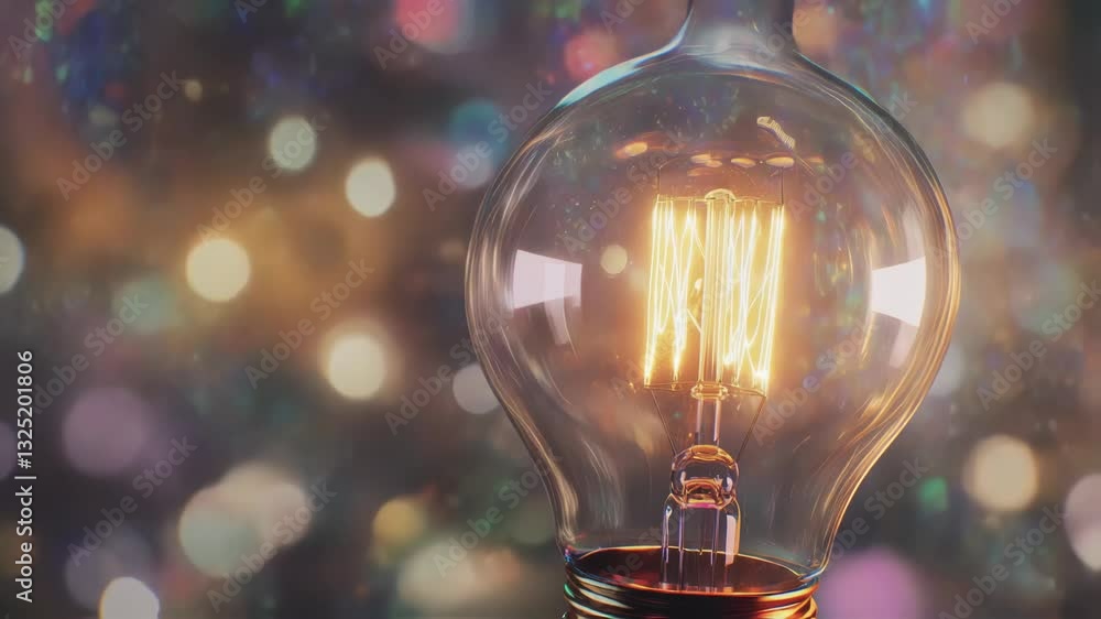 Poster light bulb filament glowing on a blurred colorful sparkling background, creating a magical and festi