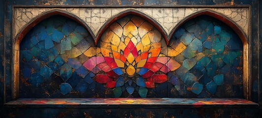 Vibrant Stained Glass Artwork with Central Lotus Design in Reds, Yellows, and Blues

