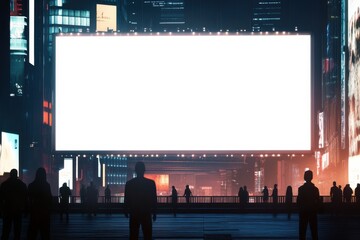 Glowing billboard captivates urban crowd in vibrant city at night