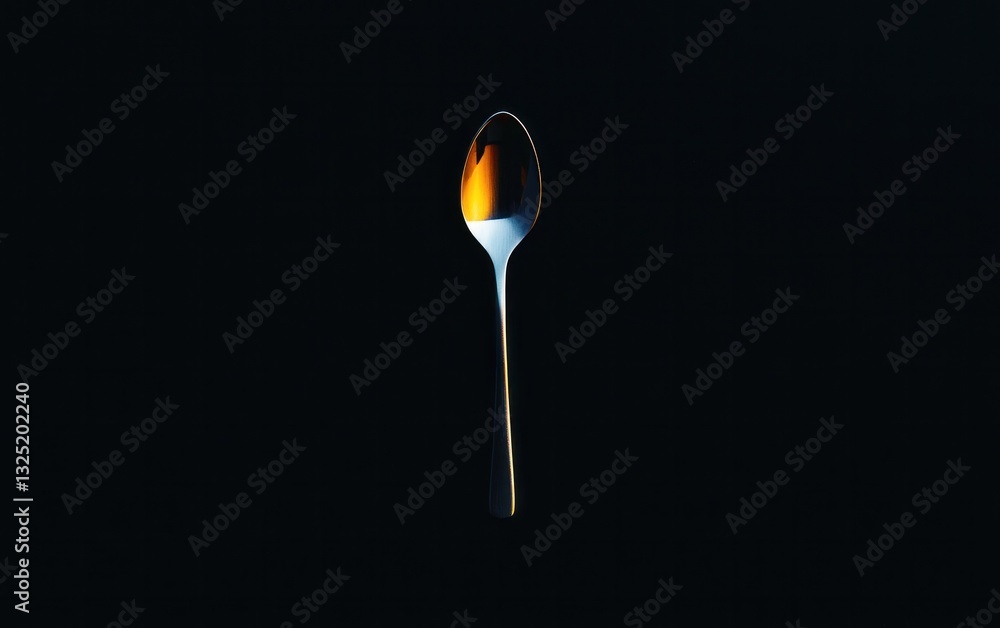 Poster a metallic spoon with a flame reflection is captured against a stark black background. the image is 