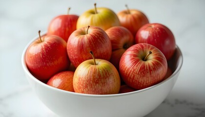 A white bowl filled with fresh red and green apples, showcasing vibrant colors and a healthy lifestyle concept.