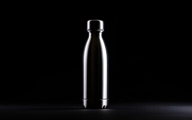 Sleek metallic water bottle silhouetted against a dark background. The bottle's reflective surface catches the light, creating a subtle highlight.  A minimalist, modern image