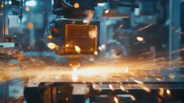 In a modern factory, a robotic arm equipped with a laser is precisely cutting a metal sheet, showcasing innovative manufacturing processes with sparks flying