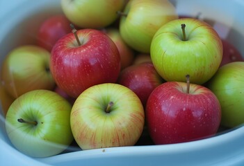 A white bowl filled with fresh red and green apples, showcasing vibrant colors and a healthy lifestyle concept.
