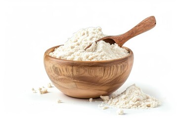 Tapioca starch potato flour or powder in wooden bowl and spoon isolated on white background