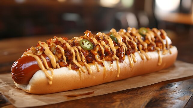 Nacho Cheese Drizzle Dog A footlong hot dog drizzled with rich nacho cheese and sprinkled with jalape&ntilde;o bits