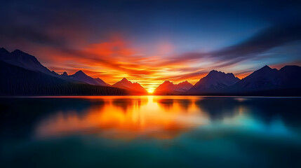 Sunset over mountain range with lake reflecting golden orange and blue sky dramatic lighting