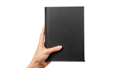 Hand holding black hardcover book with transparent background