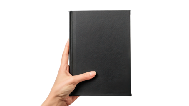 Hand holding black hardcover book with transparent background - Powered by Adobe