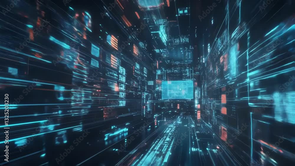 Poster flowing data streams and complex algorithms navigate through a futuristic corridor, highlighting inn