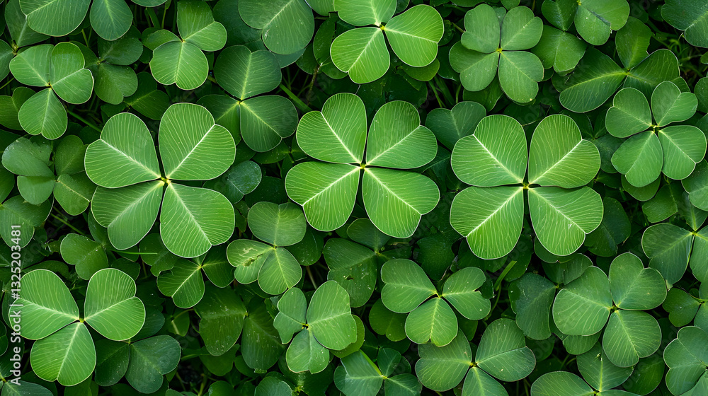 Poster overhead view of lush green clover leaves displaying lucky symbols and natural patterns