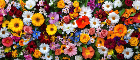 Burst of multicolored flowers blooming in lush garden, creating vibrant and cheerful atmosphere