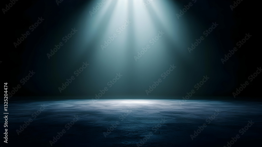 Poster dark empty stage illuminated by blue spotlight with textured floor dramatic lighting and shadow effe