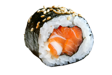 Fresh Sushi Roll with Salmon, Avocado, and Mango Isolated on a Transparent Background. Close-up of a delicious maki roll wrapped in nori, perfect for food photography, menus, and branding.