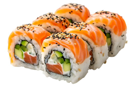 Fresh Salmon Sushi Rolls with Avocado and Cream Cheese Isolated on a Transparent Background. Delicious sushi topped with salmon and sesame seeds - Powered by Adobe