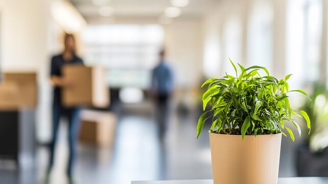 Workers carrying belongings from office space, symbolizing transition, relocation, or downsizing in a corporate environment, reflecting workplace changes and employee adaptability.
