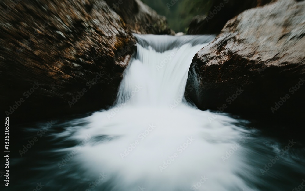 Poster close-up view of a small waterfall cascading between dark rocks into a pool of water. the water appe