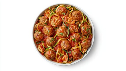 Delicious Bowl of Spaghetti and Meatballs with Fresh Zucchini Noodles on a White Background - Perfect for Food Blogs and Recipe Sharing