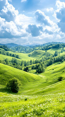 Obraz premium Lush green hills under a partly cloudy sky