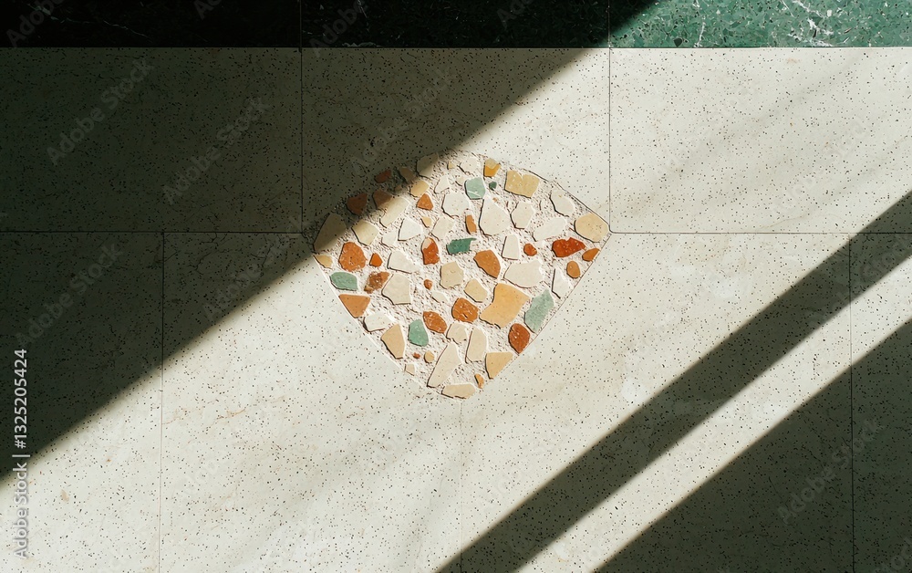 Poster overhead view of a terrazzo floor with a diamond-shaped inlay of multicolored stones, bathed in sunl