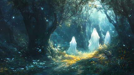 Ethereal ghosts in enchanted forest setting. Serene Luminescence. Illustration