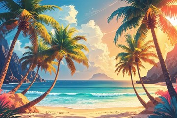 Naklejka premium Summer Paradise Stunning Backdrop with Lush Palm Trees and Golden Sunlight for Vibrant Beach Illustrations