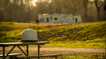 Portable satellite dome on table for Rv camping 
