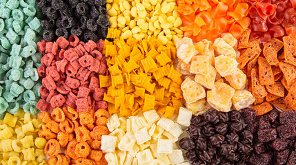 Colorful processed foods arranged on white surface, showcasing modern dietary habits and the impact of convenience on nutrition and lifestyle choices.
