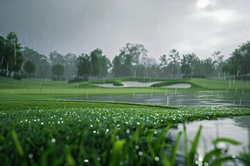 Premium Quality Image of Wet Rainy Weather on Golf Course Affecting Play
