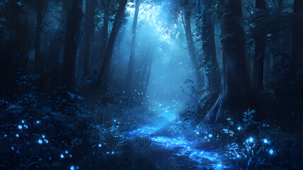 Naklejka premium Mystical forest scene, glowing blue luminescence illuminating tranquil woodland with soft light filtering through trees, serene atmosphere. Serene Luminescence. Illustration
