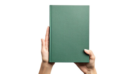 Obraz premium Woman holding a green hardcover book with transparent background