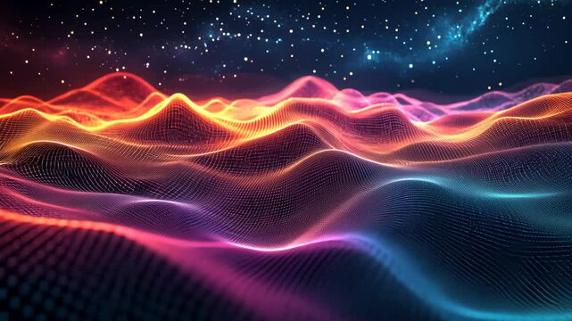 Dynamic neon waves flowing beneath starry sky