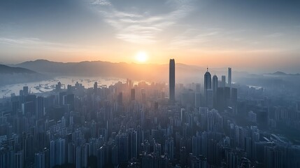 Fototapeta premium Stunning Sunset Over City Skyline, A breathtaking sunset over a city skyline, with tall buildings silhouetted against vibrant orange and yellow hues
