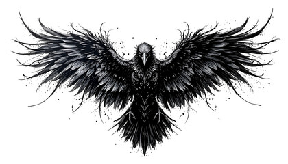 Powerful Raven Tattoo in Flight, a Striking Black and White Design transparent background PNG