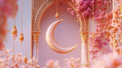 Magical Crescent Moon with Pink Flowers for Ramadan / ラマダンを祝う、ピンクの花と魔法のような三日月