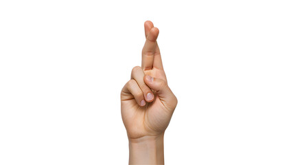 Close-up of a hand with crossed fingers for good luck transparent background PNG. A detailed close-up shot of a hand with two fingers crossed