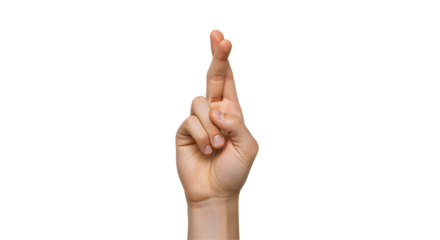 Close-up of a hand with crossed fingers for good luck transparent background PNG. A detailed close-up shot of a hand with two fingers crossed