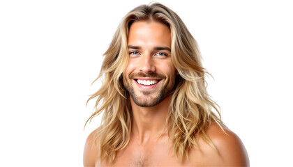Happy Man with Long Blonde Hair Smiling Close-up transparent background PNG. A close-up portrait of a happy man with long, blonde hair and a beard