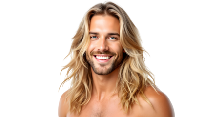 Happy Man with Long Blonde Hair Smiling Close-up transparent background PNG. A close-up portrait of a happy man with long, blonde hair and a beard