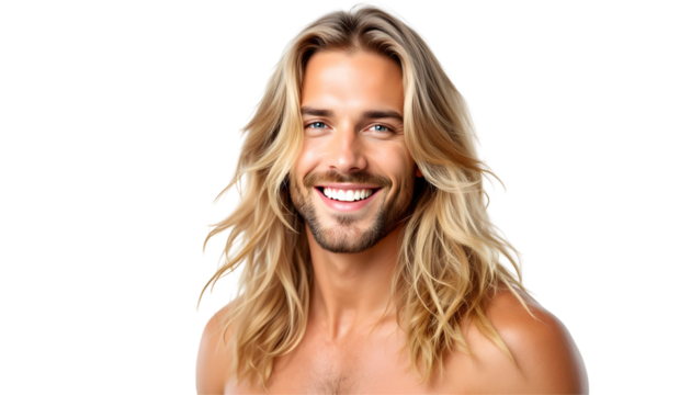 Happy Man with Long Blonde Hair Smiling Close-up transparent background PNG. A close-up portrait of a happy man with long, blonde hair and a beard