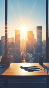 Bright sunset office view over modern city skyline.