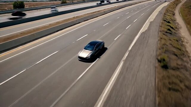 A sleek car accelerates on a wide highway during clear daylight. The asphalt stretches ahead with minimal traffic, showcasing the vehicle's impressive speed and design.