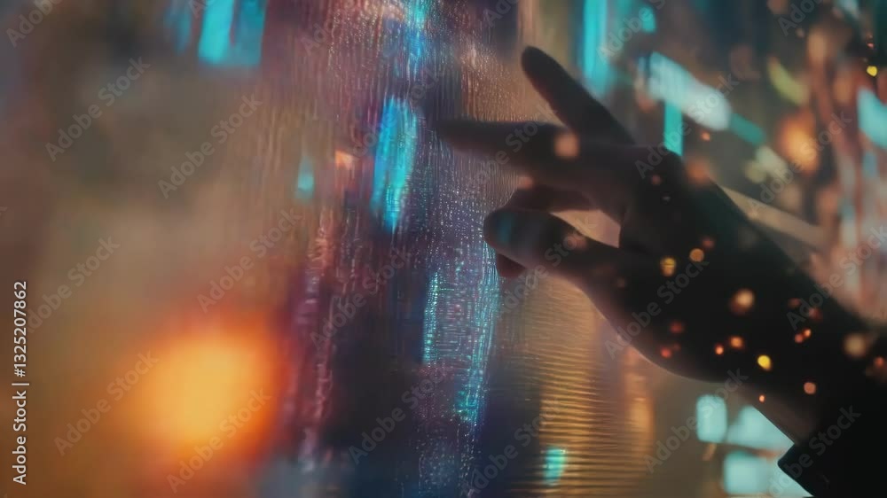 Poster hand touching interactive digital screen with colorful lights and data streams, representing innovat