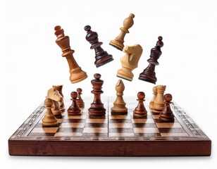 falling chess pieces on the board isolated on white background