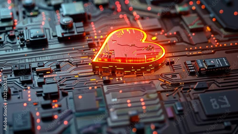 Poster Bright lights illuminate a heart-shaped symbol intricately carved into a circuit board, representing the fusion of technology and emotion.