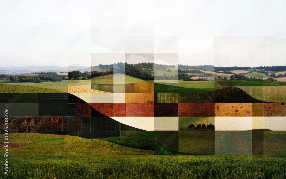 Poster abstract landscape image featuring a pixelized effect, showcasing rolling hills and fields in variou