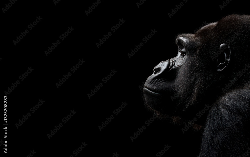 Poster close-up profile view of a gorilla against a black background, depicted with a pointillist technique
