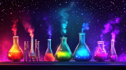 Colorful Laboratory Scene with Experimenting Glassware and Smoke Effects